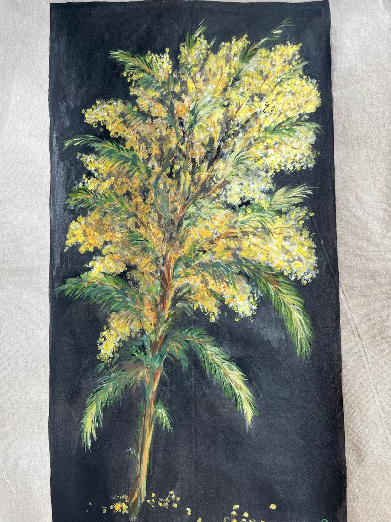 Décor à la peinture naturelle caséine et pigments sur toile de lin 126*67 cm -MIMOSAS