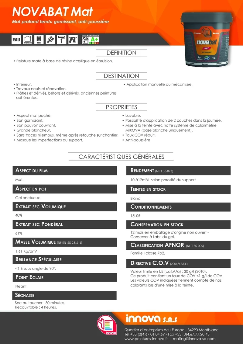 Peinture Novabat Acrylique Mat blanc 15L