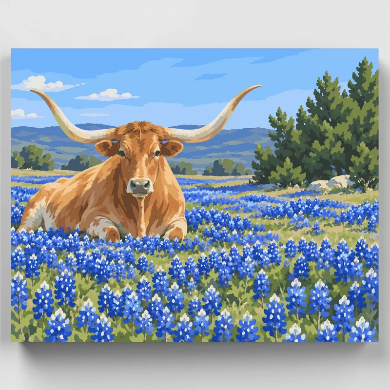 Longhorn in Bluebonnets - Paint by Numbers Kit