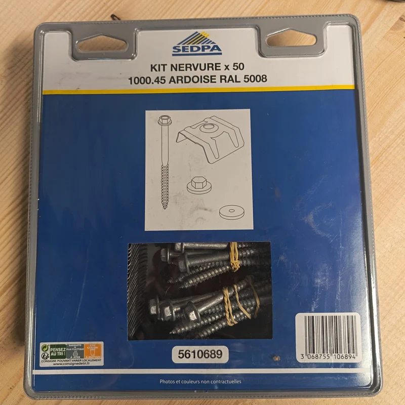 Kit de fixations pour tôle acier galva laquée nervurée bleu 1000.45 - SEDPA