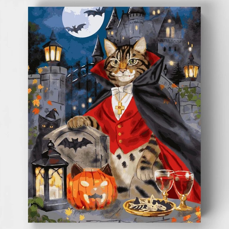 "Halloween with Cat Dracula" Paint by Numbers Kit