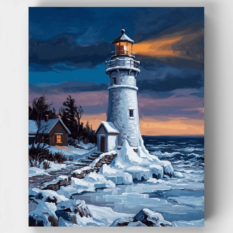 "Winter Lighthouse at Dusk" Paint by Numbers Kit