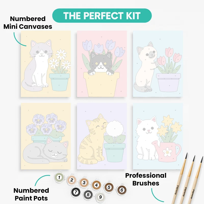Kittens & Flower Pots - Mini Paint by Numbers Set