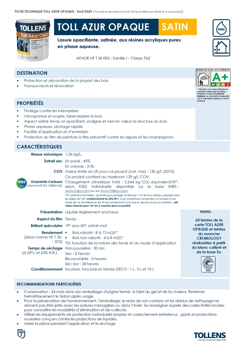 Lasure Tollens Azur Opaque Blanc 3 Litres