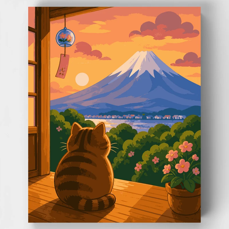 Tabby Watching Fuji - Paint by Numbers Kit