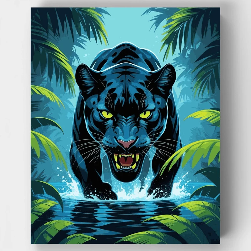 Fierce Black Panther in Tropical Waters - Paint by Numbers Kit
