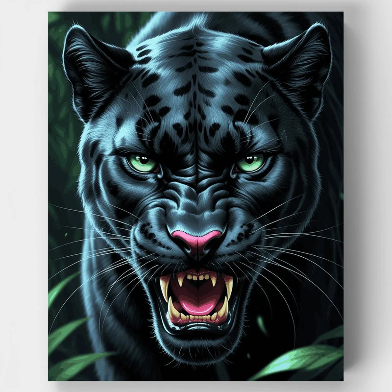 Fierce Black Panther with Green Eyes - Paint by Numbers Kit