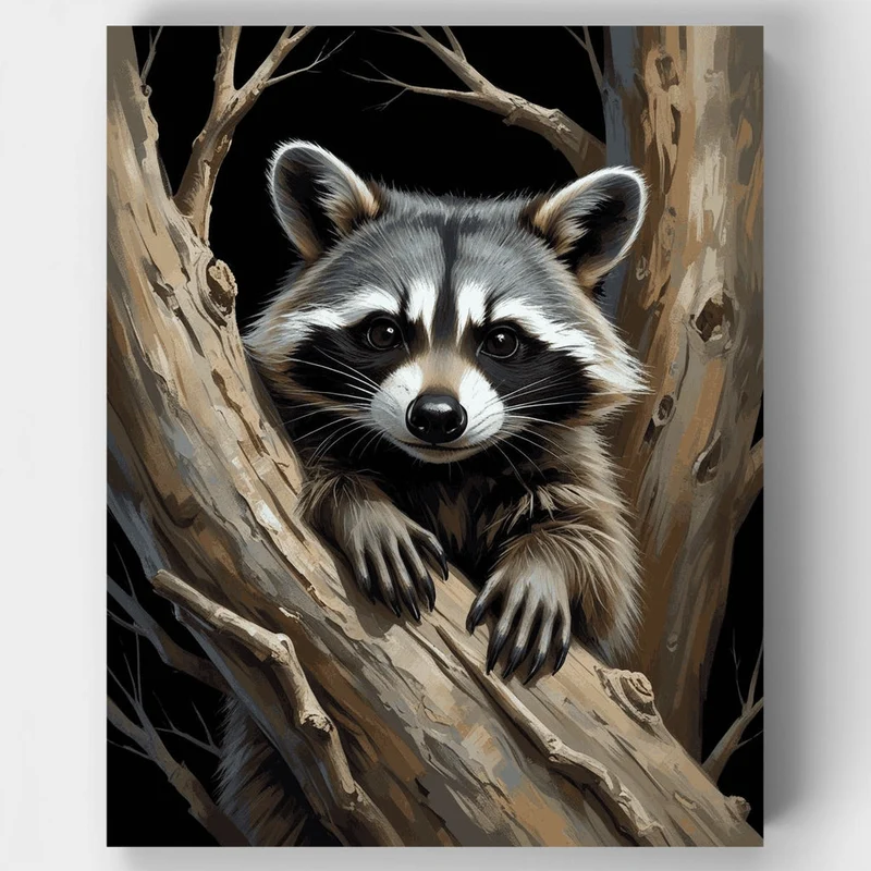 Curious Raccoon in Tree Hollow - Paint by Numbers Kit