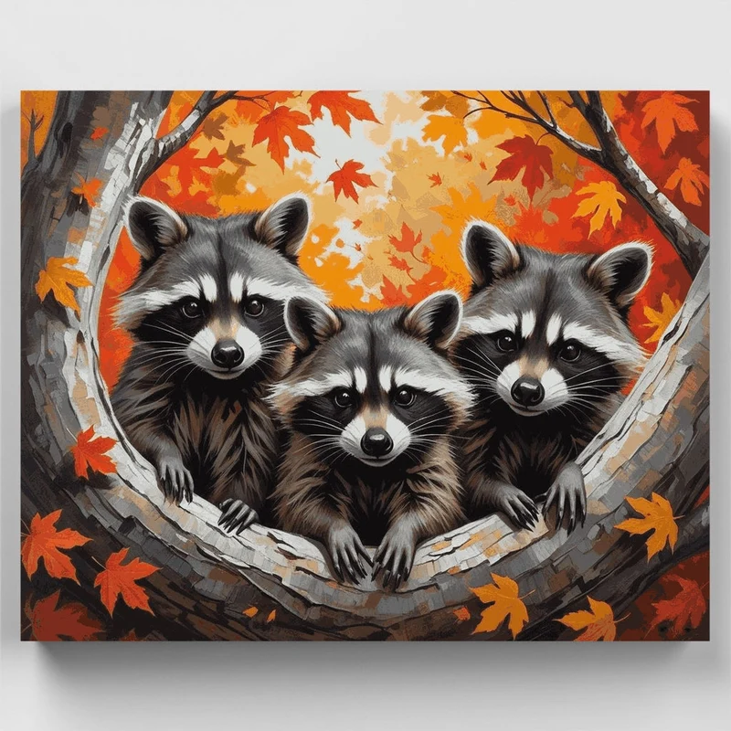 Three Raccoons in Autumn Tree - Paint by Numbers Kit