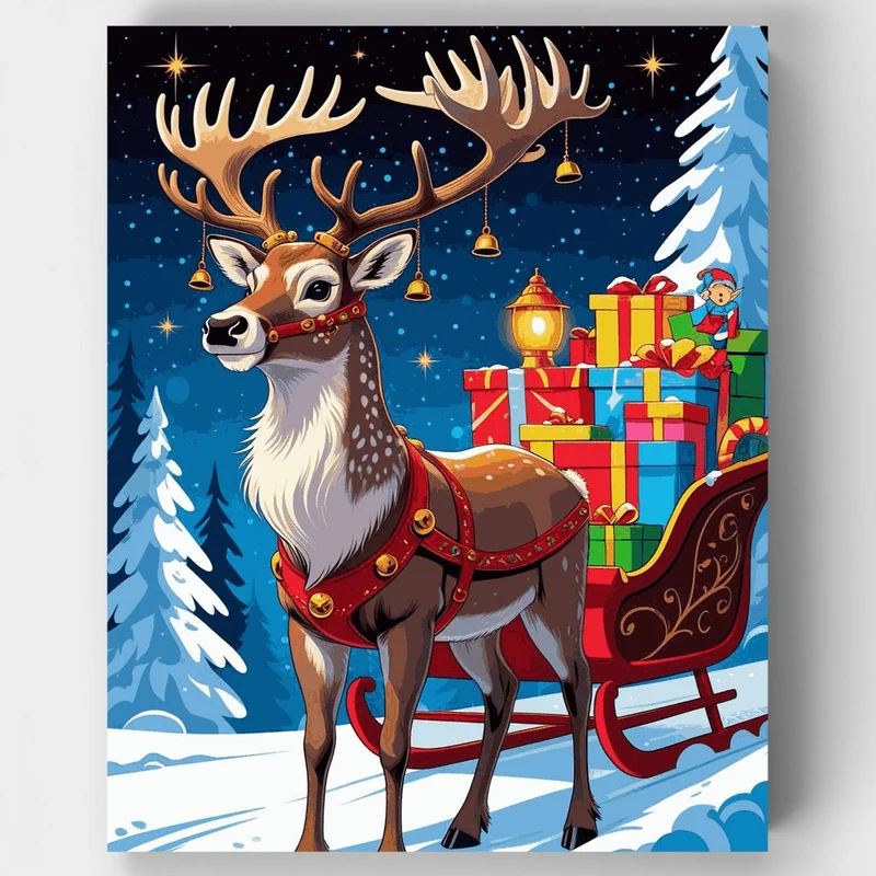 Christmas Reindeer with Sleigh and Gifts - Paint by Numbers Kit