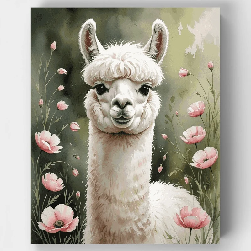 Smiling Alpaca with Pink Poppies - Paint by Numbers Kit
