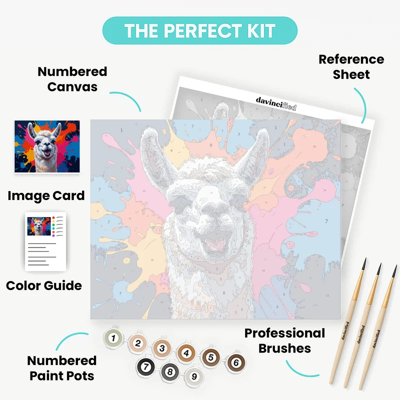 Happy Alpaca with Colorful Paint Splashes - Paint by Numbers Kit
