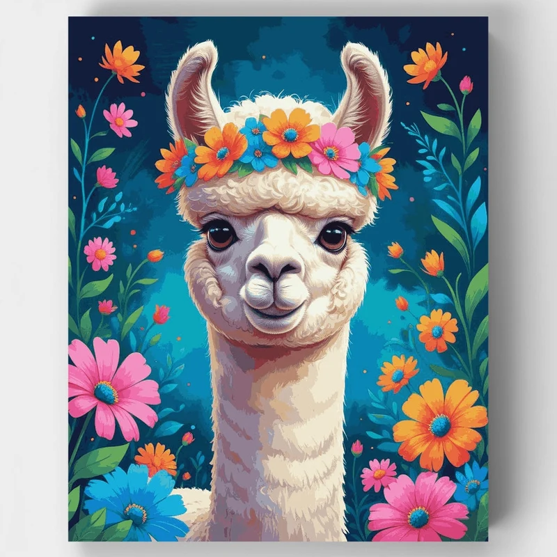 Cheerful Alpaca with Flower Crown - Paint by Numbers Kit