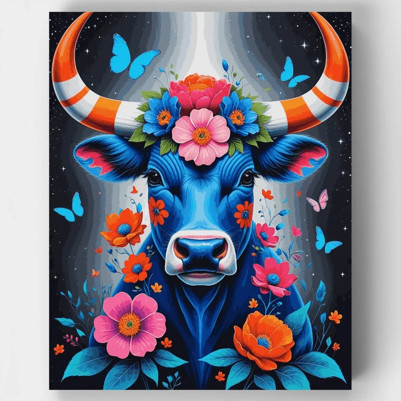 Vibrant Blue Bull with Floral Crown - Paint by Numbers Kit