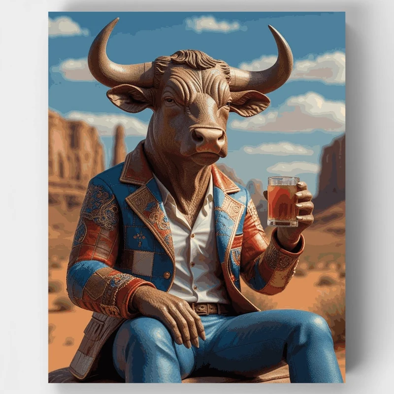 Western Bull Cowboy with Beer - Paint by Numbers Kit