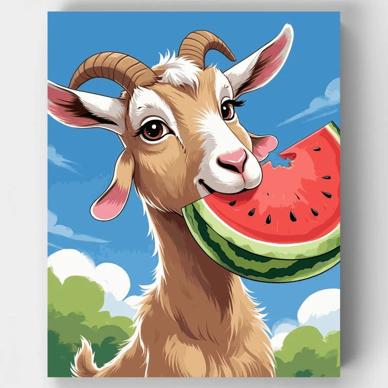 Cheerful Goat with Watermelon - Paint by Numbers Kit