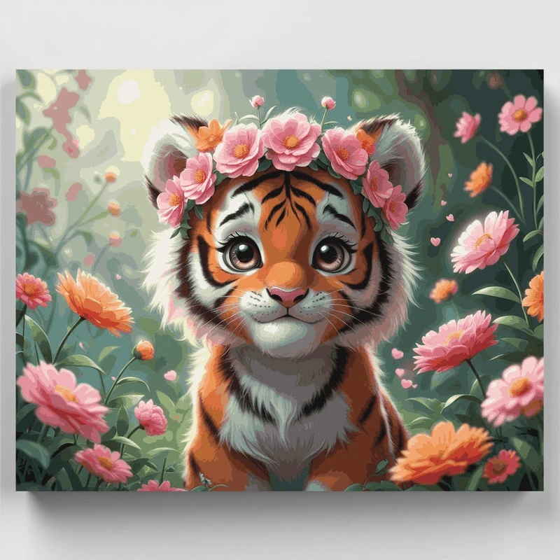 Adorable Tiger Cub with Flower Crown - Paint by Numbers Kit