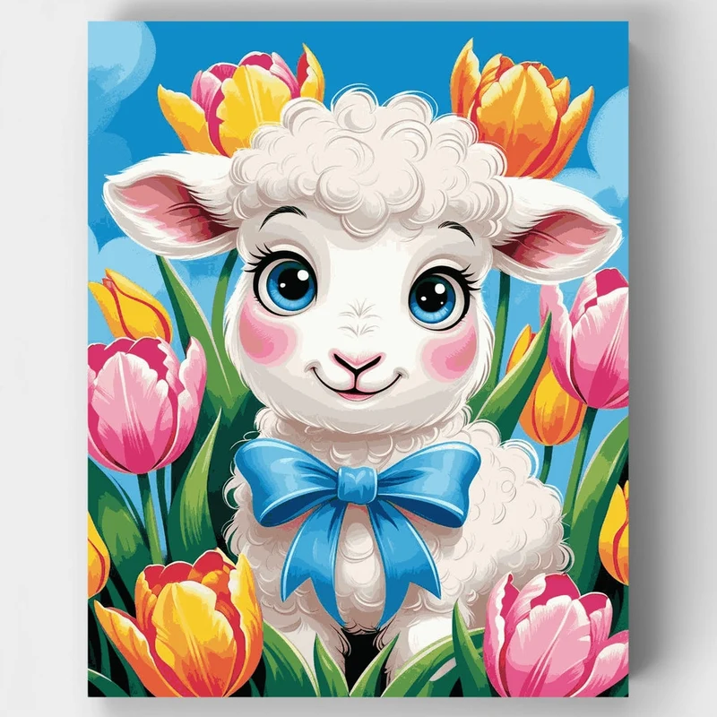 Adorable Lamb with Tulips - Paint by Numbers Kit