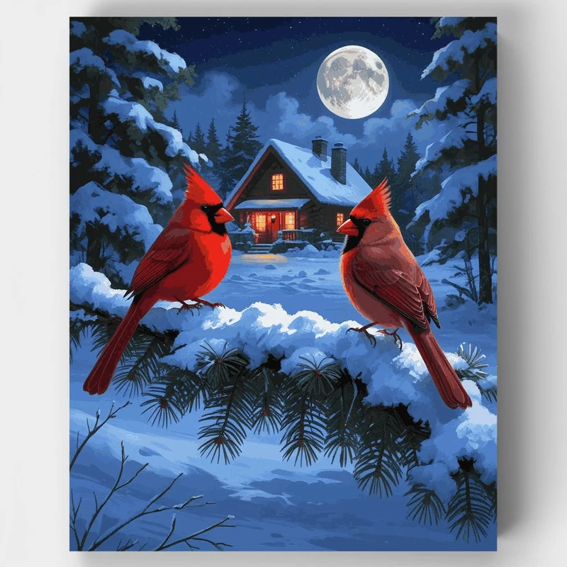 Cardinals in Winter Moonlight - Paint by Numbers Kit