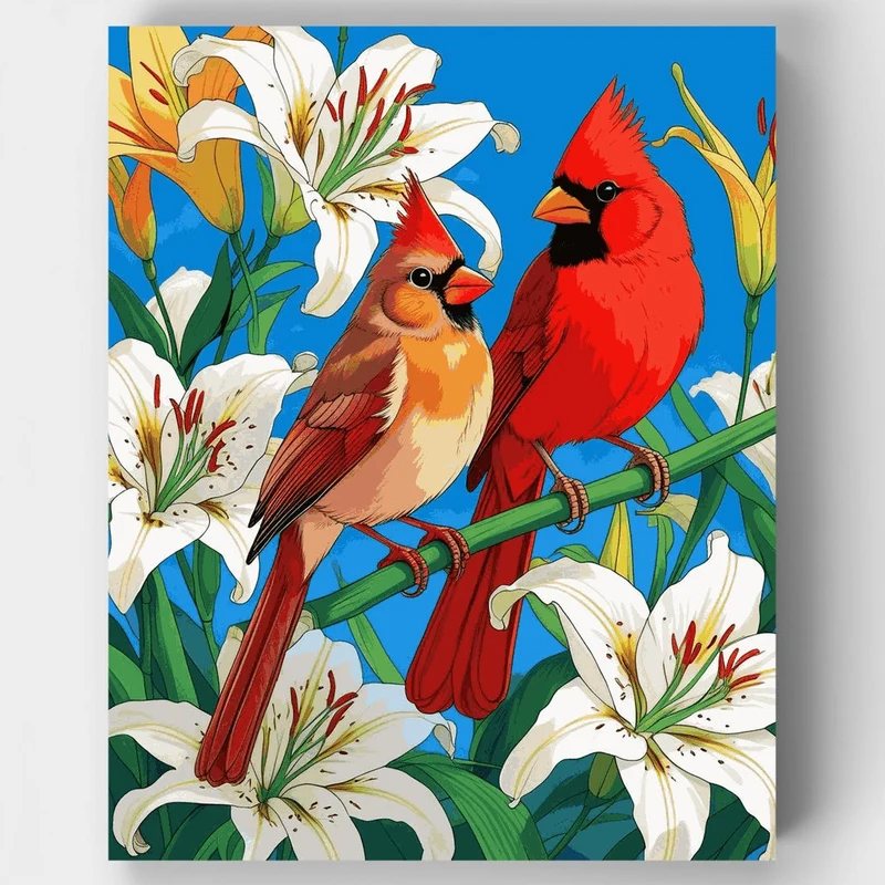 Cardinals and White Lilies - Paint by Numbers Kit
