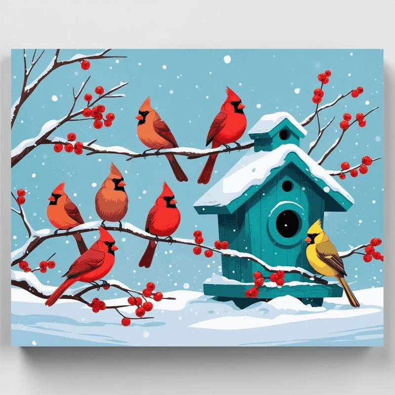 Winter Cardinals and Birdhouse - Paint by Numbers Kit