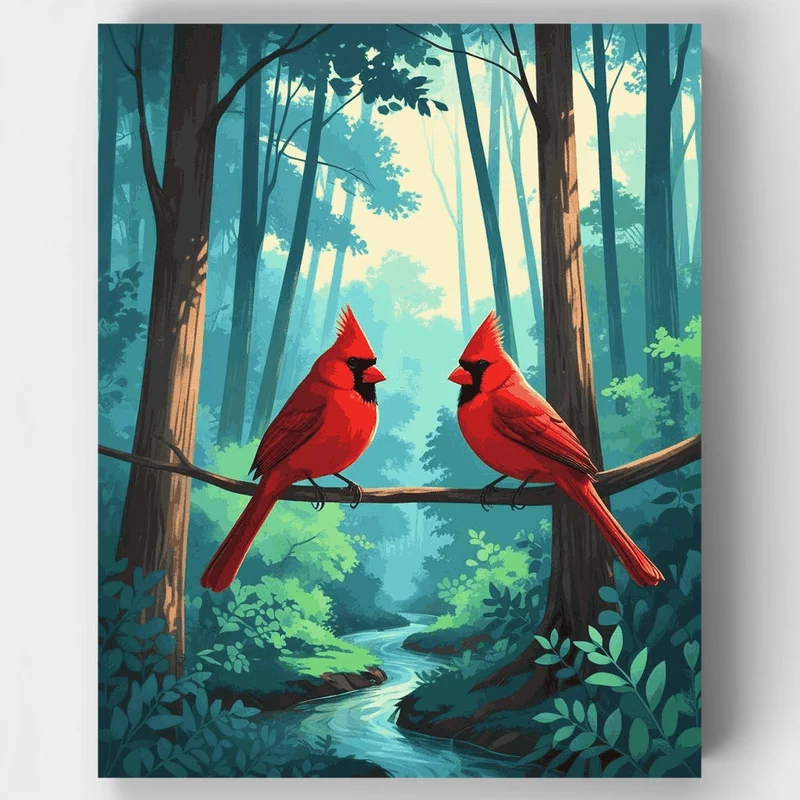 Two Red Cardinals in Misty Forest - Paint by Numbers Kit