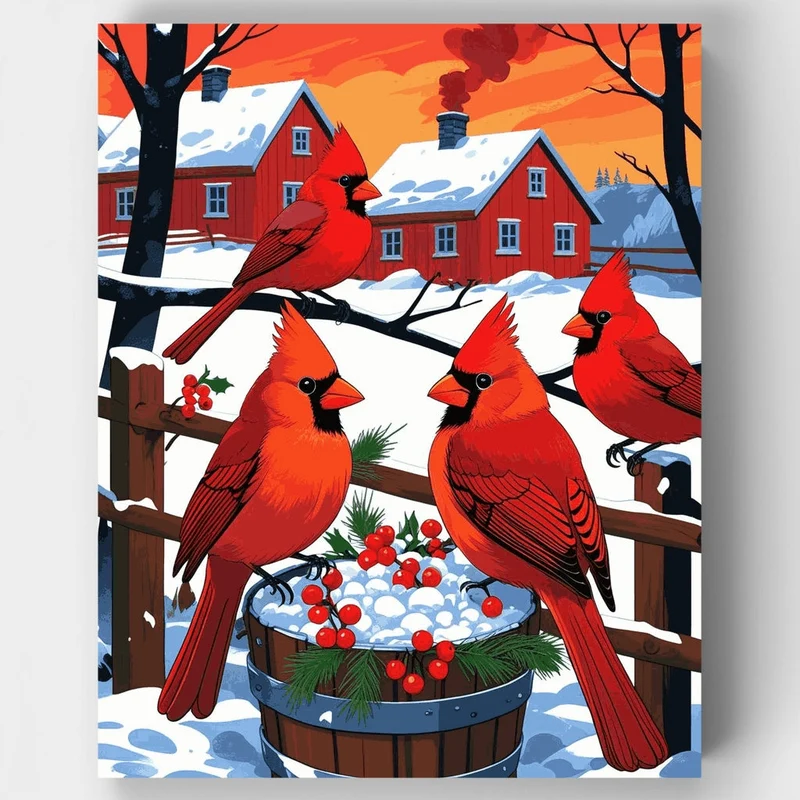 Cardinals in Winter Farmyard - Paint by Numbers Kit