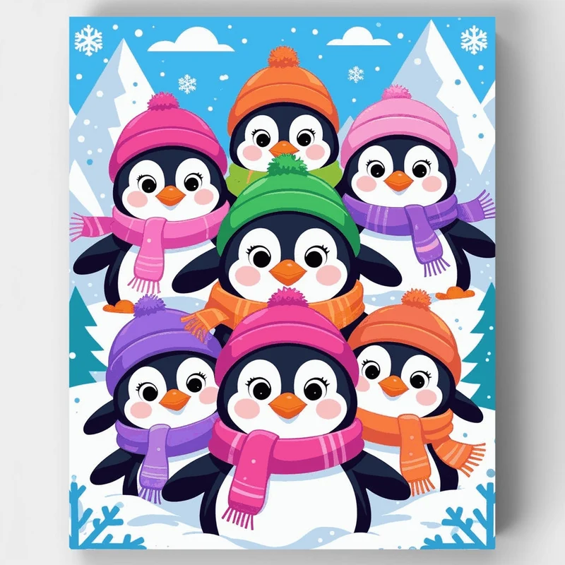Adorable Penguins in Winter Scarves - Paint by Numbers Kit