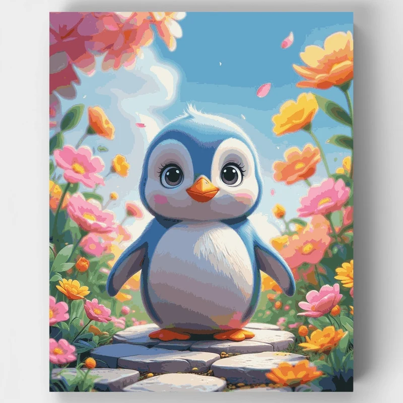 Adorable Penguin in Flower Garden - Paint by Numbers Kit