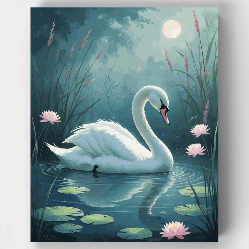Elegant White Swan on Moonlit Pond - Paint by Numbers Kit