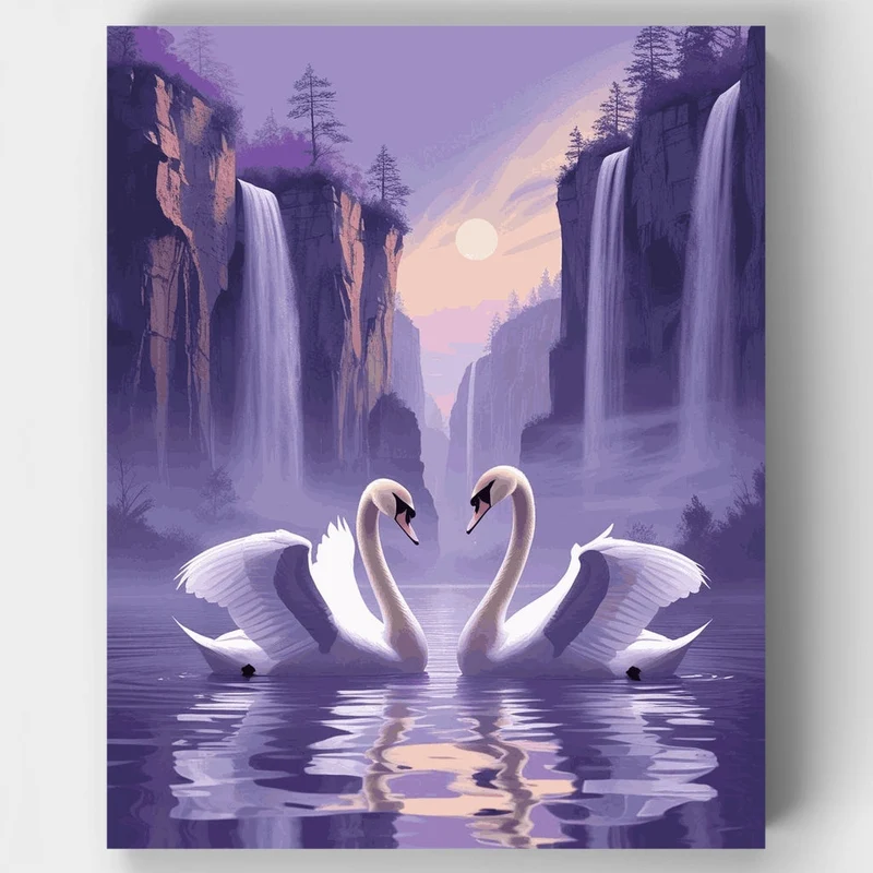 Majestic Swans at Waterfall Gorge - Paint by Numbers Kit