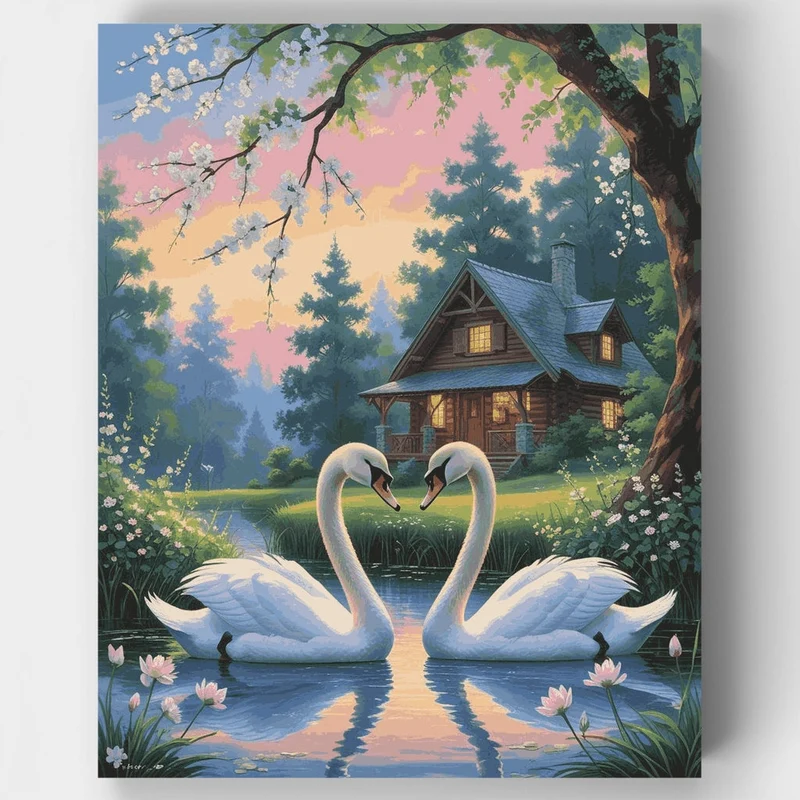 Romantic Swans at Sunset Cottage - Paint by Numbers Kit