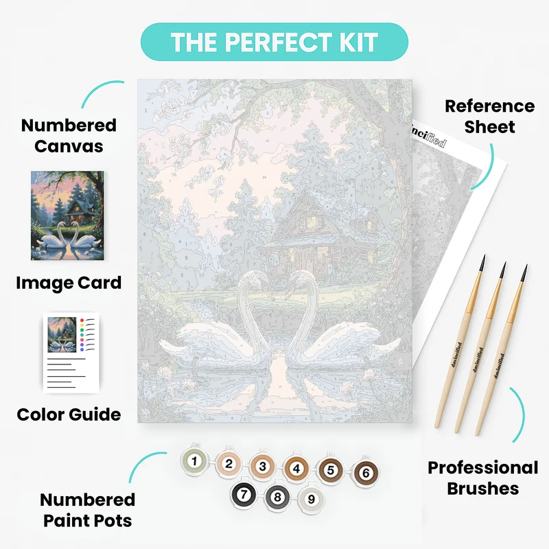 Romantic Swans at Sunset Cottage - Paint by Numbers Kit