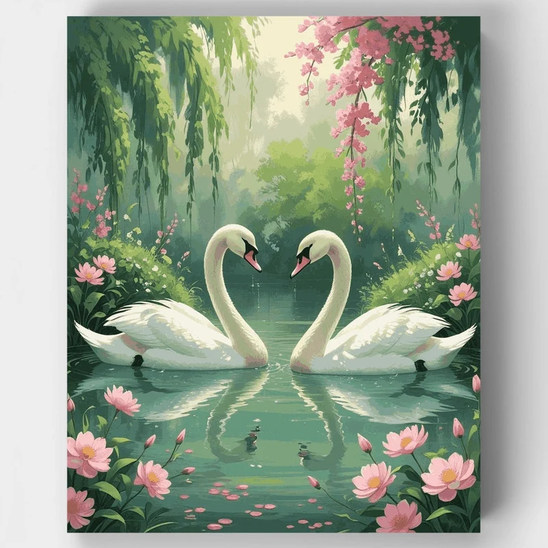 Romantic Swans in Tranquil Garden - Paint by Numbers Kit