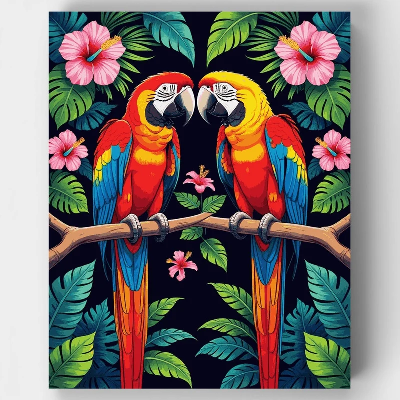 Tropical Parrots with Hibiscus Flowers - Paint by Numbers Kit