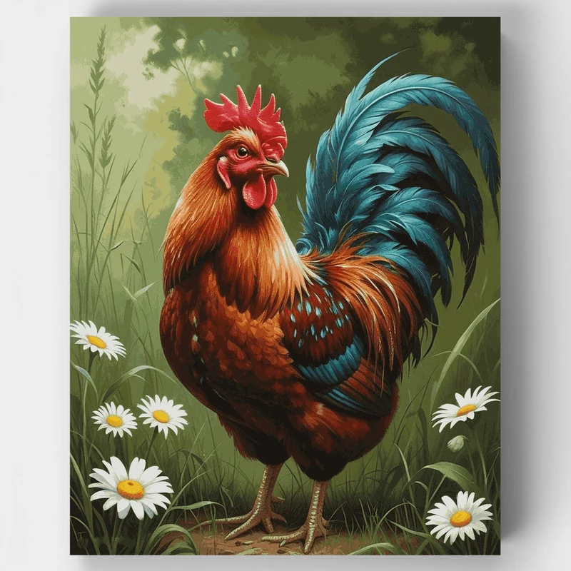 Majestic Rooster in Daisy Garden - Paint by Numbers Kit