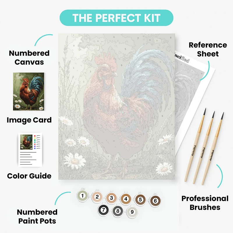 Majestic Rooster in Daisy Garden - Paint by Numbers Kit