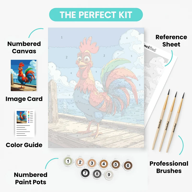 Colorful Rooster on Seaside Dock - Paint by Numbers Kit