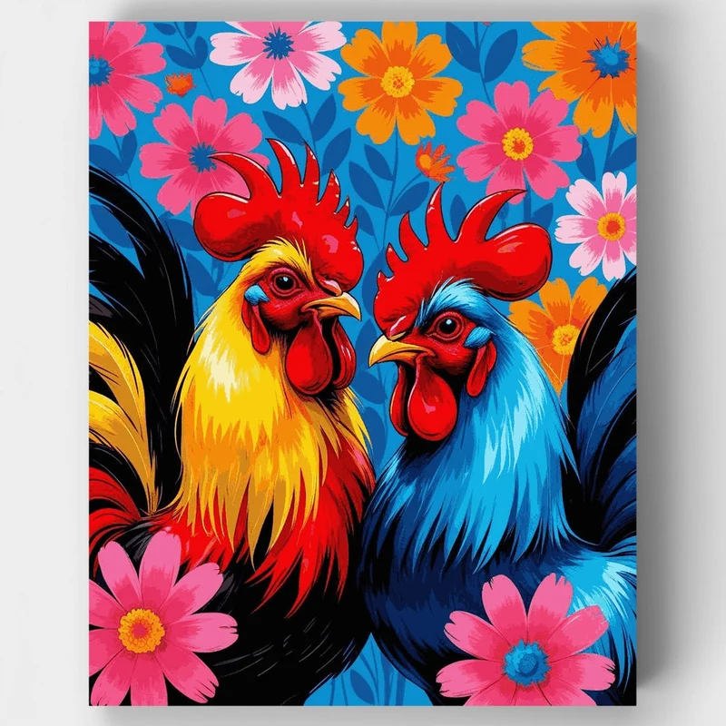 Vibrant Roosters with Floral Background - Paint by Numbers Kit
