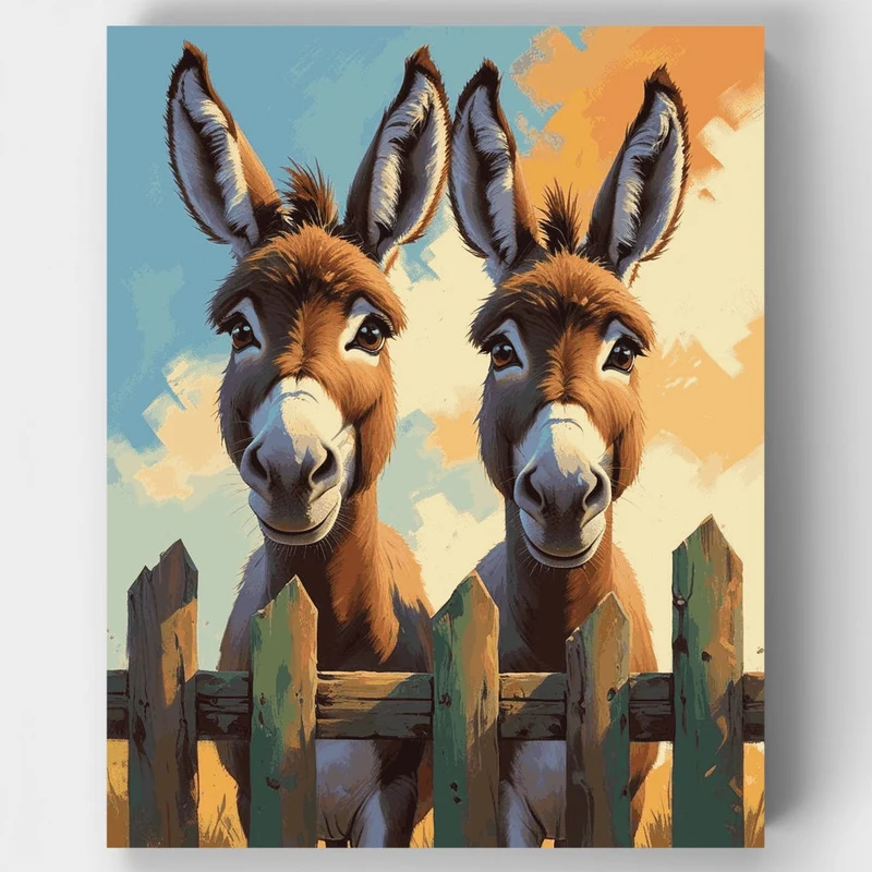 Two Donkeys Behind Fence - Paint by Numbers Kit