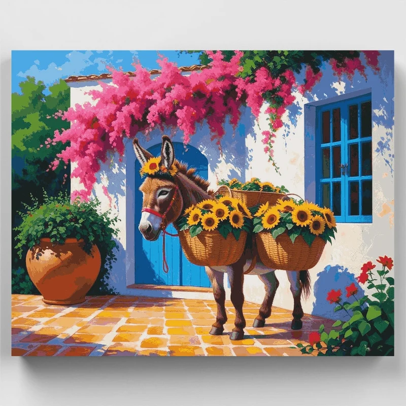 Donkey with Sunflowers in Mediterranean Courtyard - Paint by Numbers Kit
