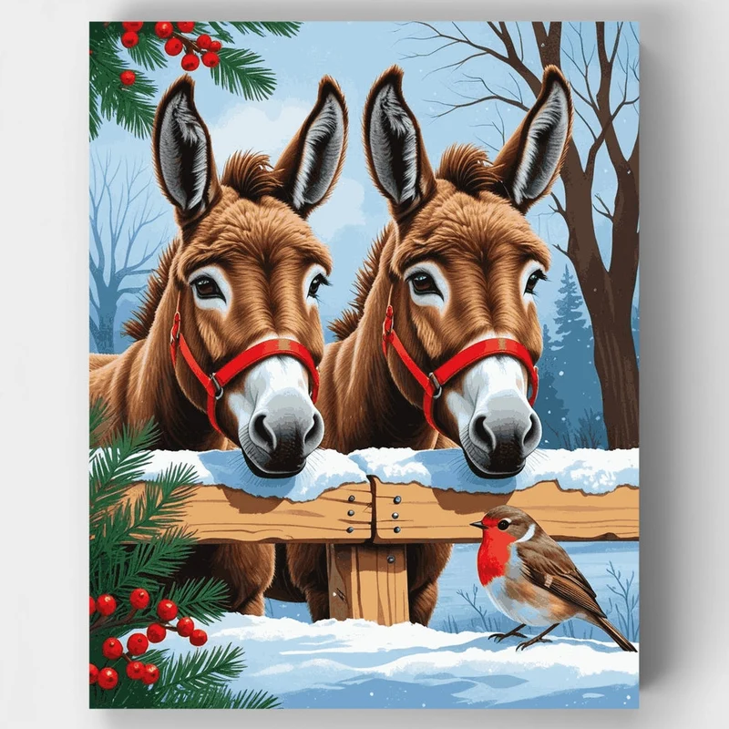 Festive Donkeys with Robin - Paint by Numbers Kit