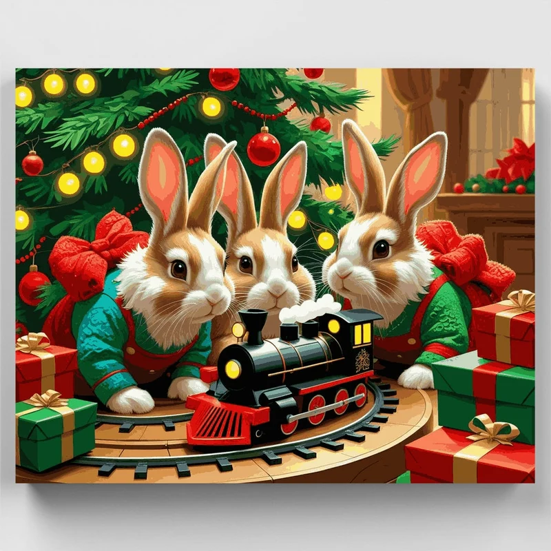 Christmas Bunnies with Toy Train - Paint by Numbers Kit