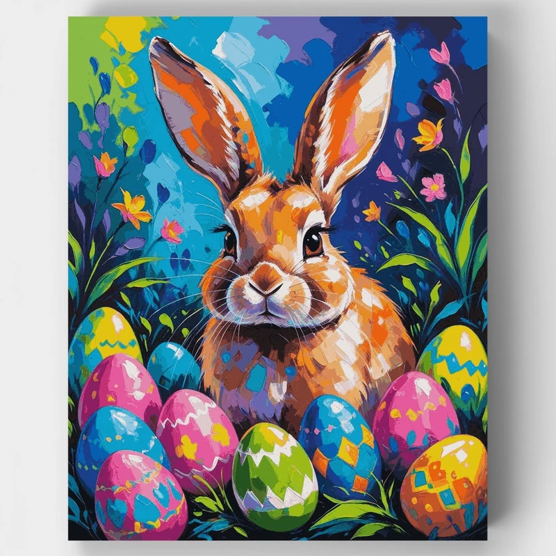 Whimsical Easter Bunny with Painted Eggs - Paint by Numbers Kit