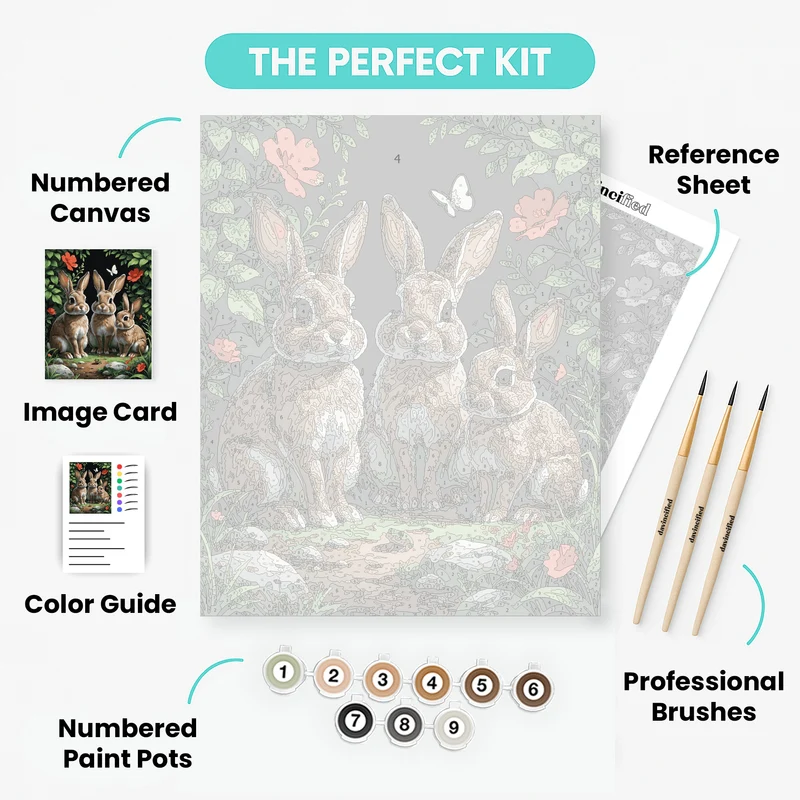 Three Adorable Bunnies in a Garden - Paint by Numbers Kit
