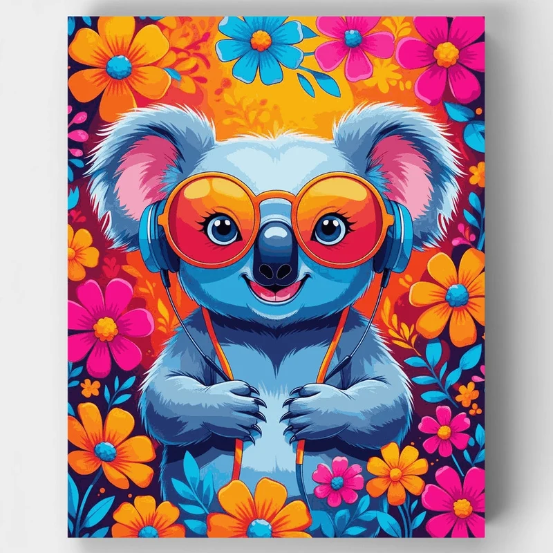 Vibrant Koala with Headphones and Flowers - Paint by Numbers Kit