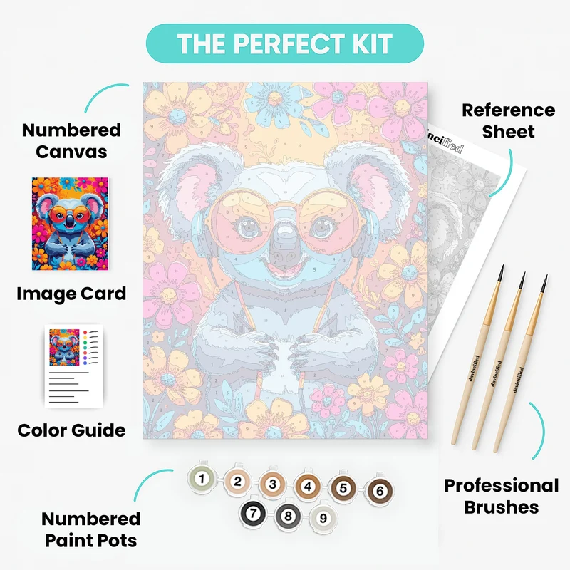 Vibrant Koala with Headphones and Flowers - Paint by Numbers Kit