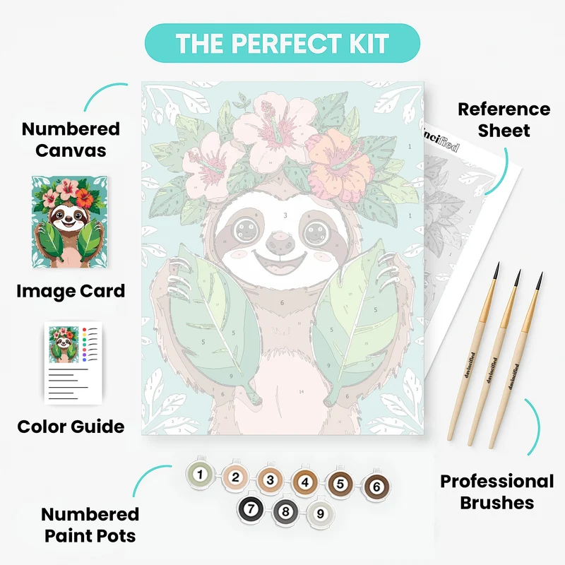 Tropical Sloth with Hibiscus Flowers - Paint by Numbers Kit