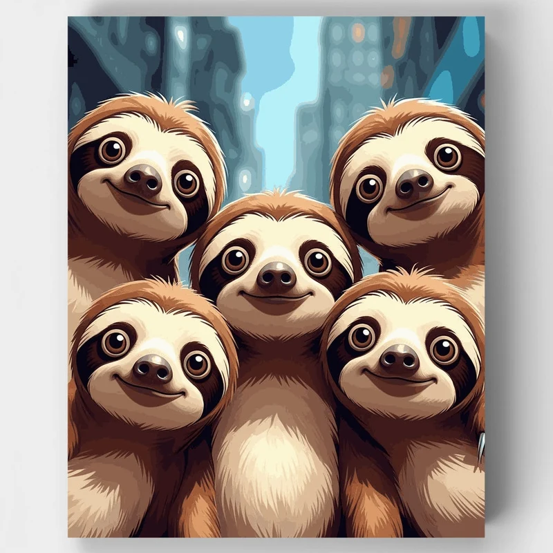 Adorable Sloths Group Selfie - Paint by Numbers Kit