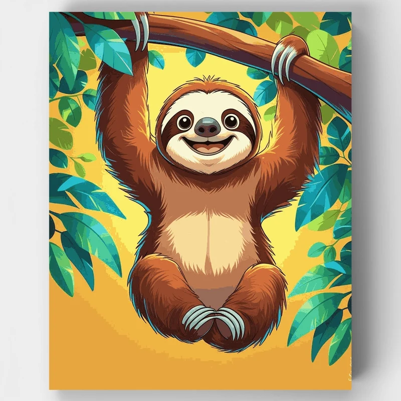 Happy Sloth Hanging from Branch - Paint by Numbers Kit